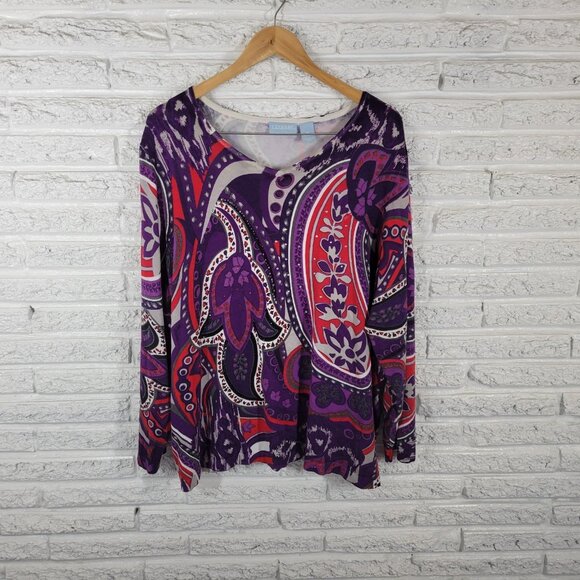 Liz Me Womens Top 3X Plus Long Sleeve Knit Purple Red Rhinestones GEO198E - Picture 1 of 8